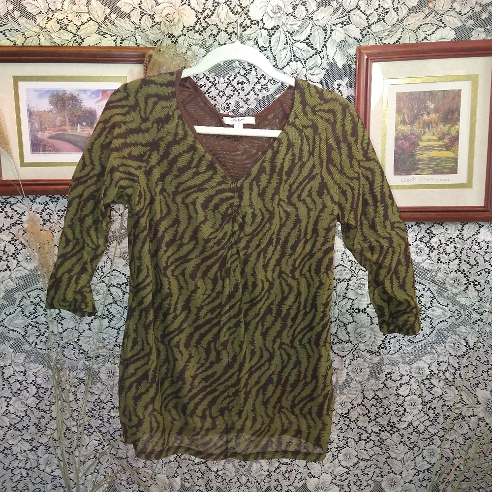 Liz Claiborne green brown sweater has 3/4 sleeves sheer animal print abstract